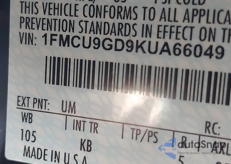 2019 Ford Escape Se from USA, damaged, VIN 1FMCU9GD9KUA66049